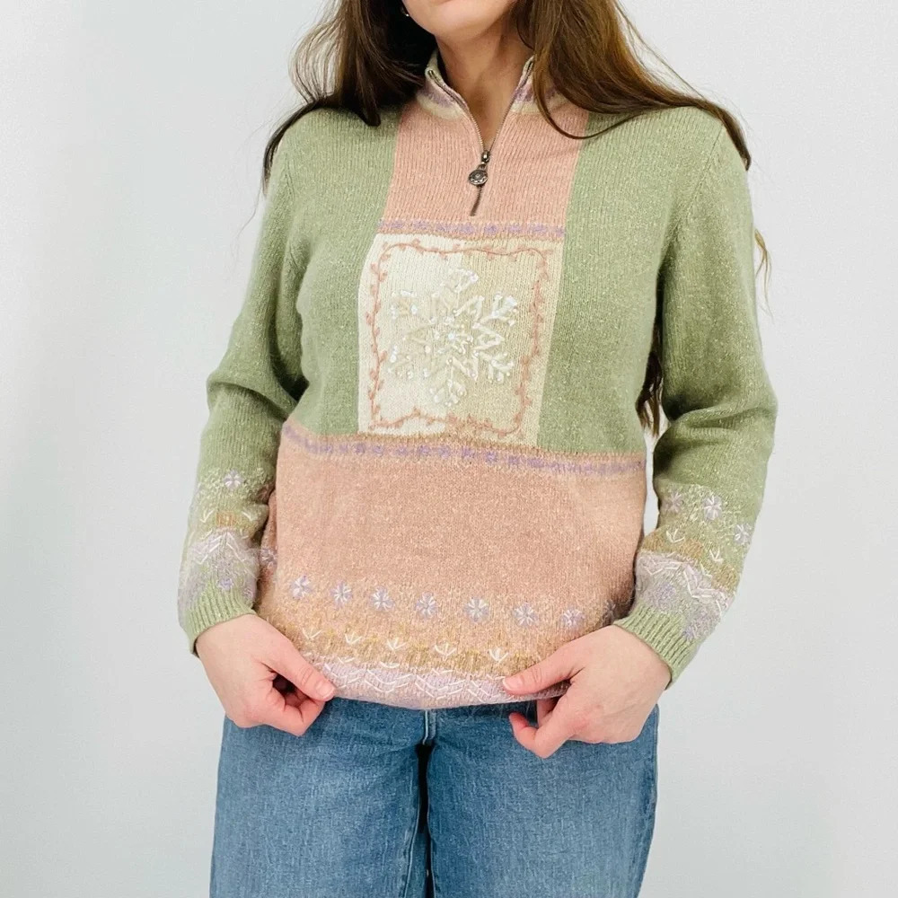 vintage pastel snowflake ramie angora rabbit blend quarter zip sweater top s - Picture 6 of 8